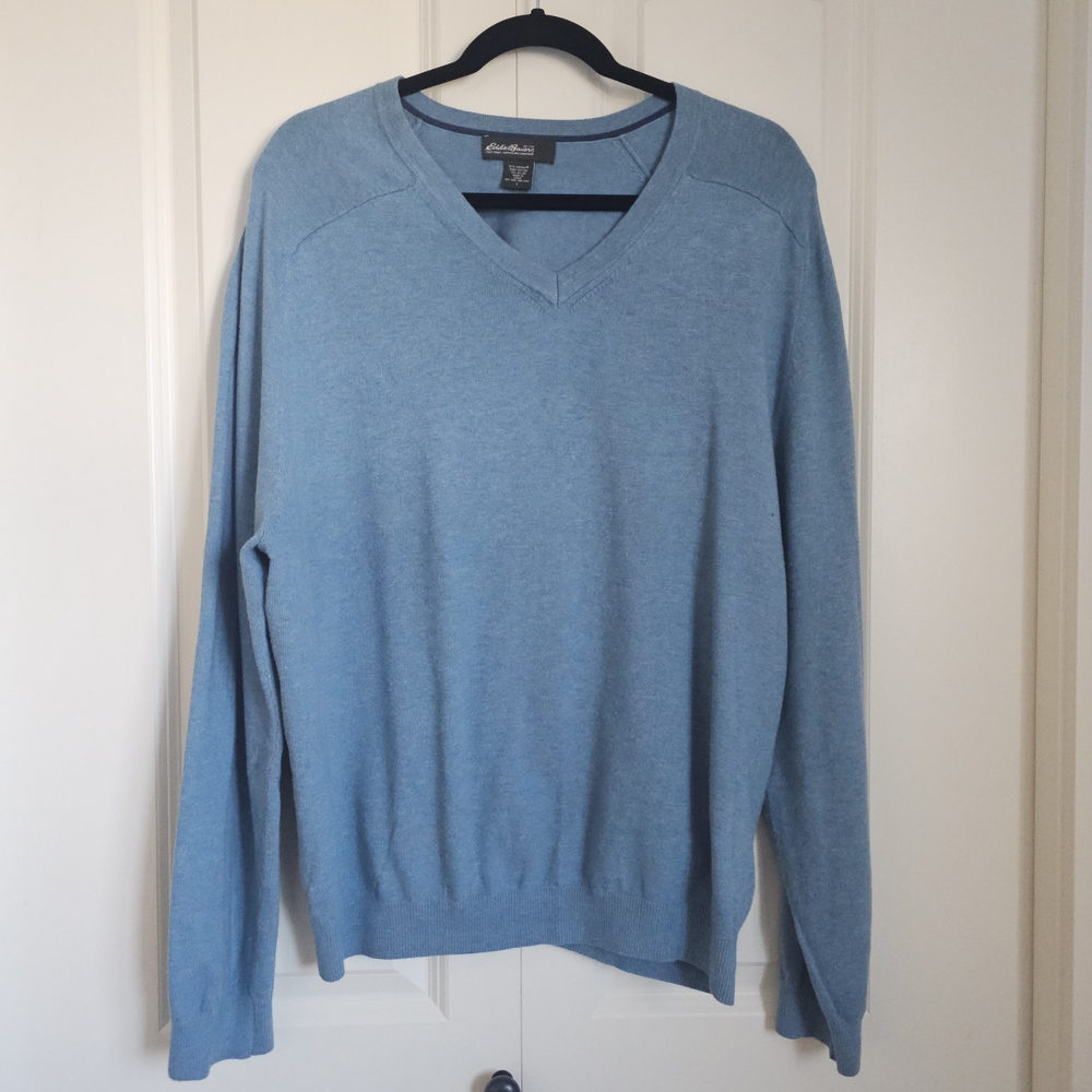 Eddie Bauer Sky Blue V-Neck Long Sleeve Sweater Supima Pima Cotton SZ L